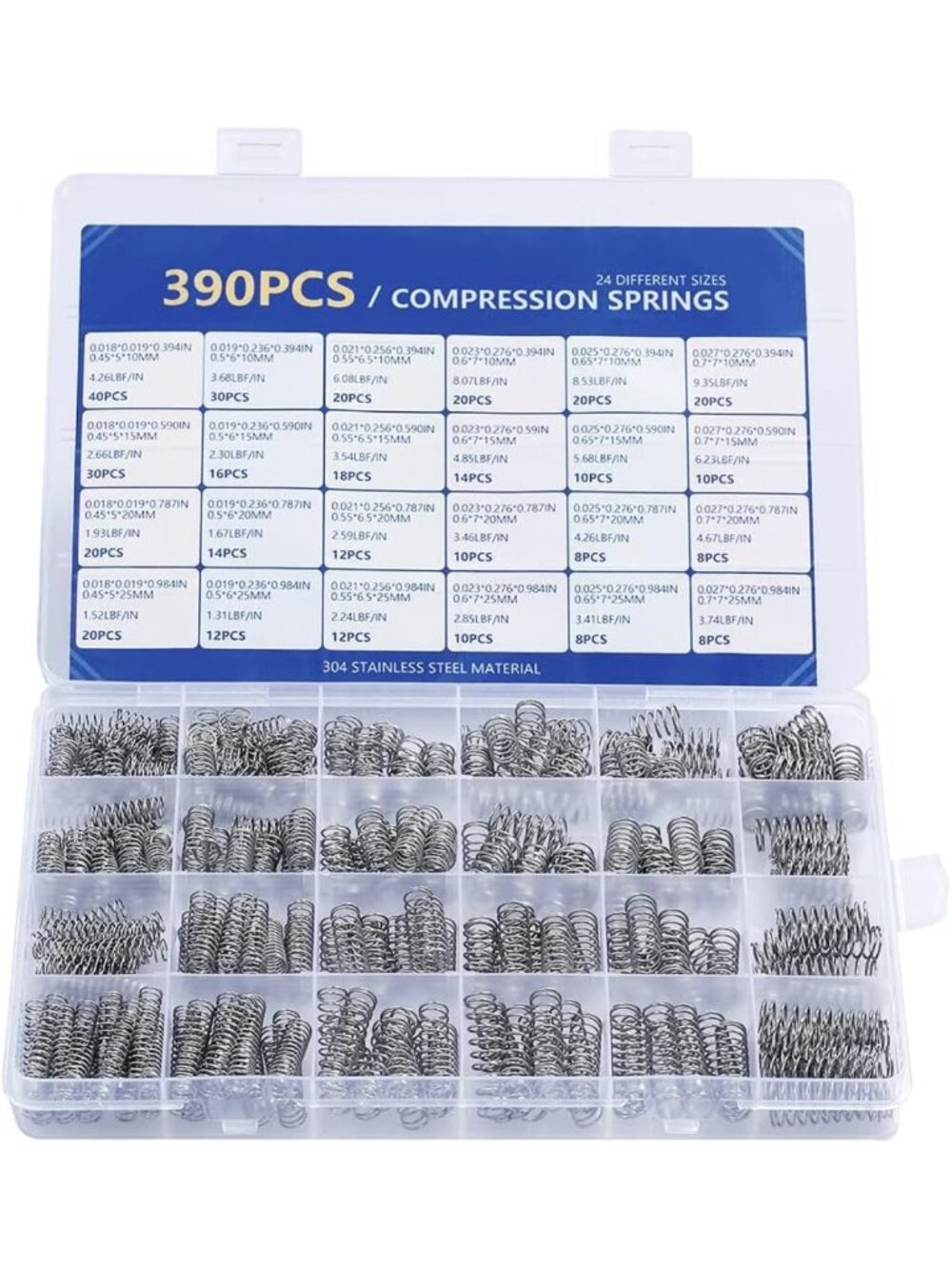 390 Pcs Compression Springs Assortment Kit - 24 Sizes Stainless Steel for
